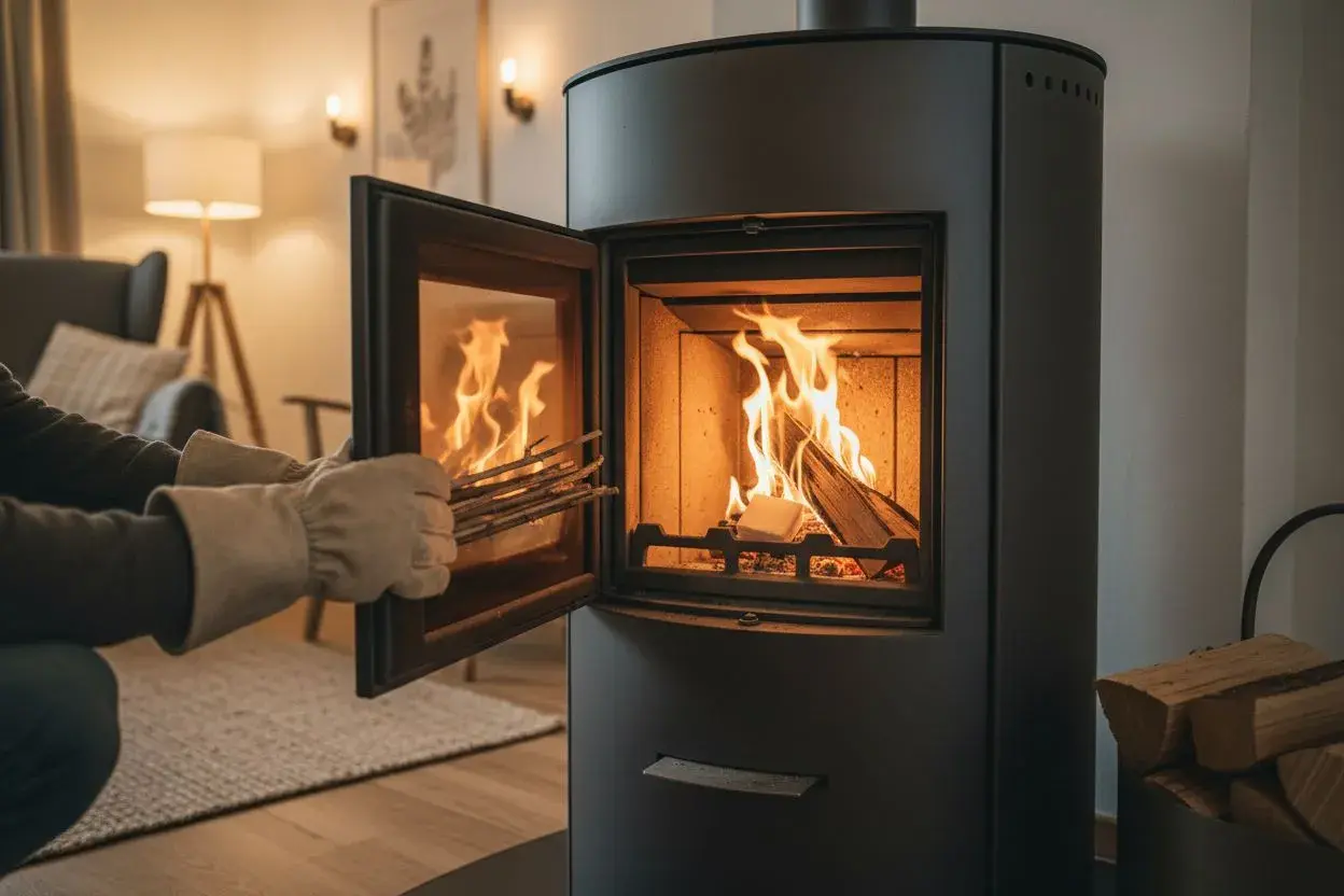 Person mit Handschuhen legt Holz nach, um die holzofen temperatur zu erhöhen. Flammen lodern im Ofen.