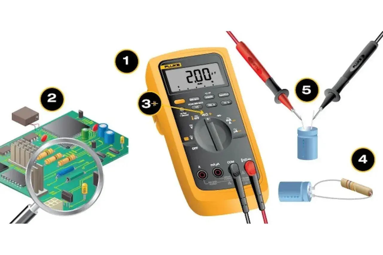 Multimeter misst Kondensator. Symptome eines defekten Kondensators können durch Messung erkannt werden.