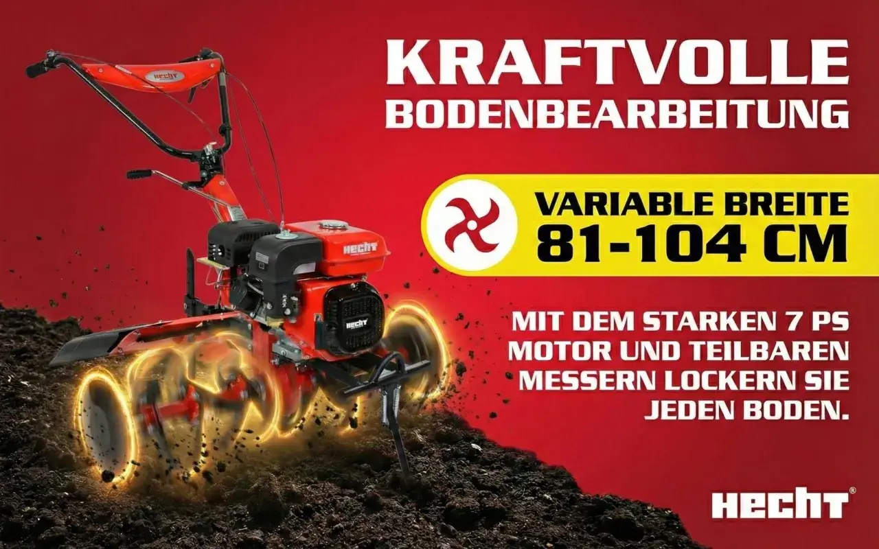 Kraftvolle Bodenbearbeitung mit dem Hecht 7100. Erfahren Sie, wie der 7 PS Motor und die teilbaren Messer jeden Boden lockern. Variable Breite 81-104 cm.