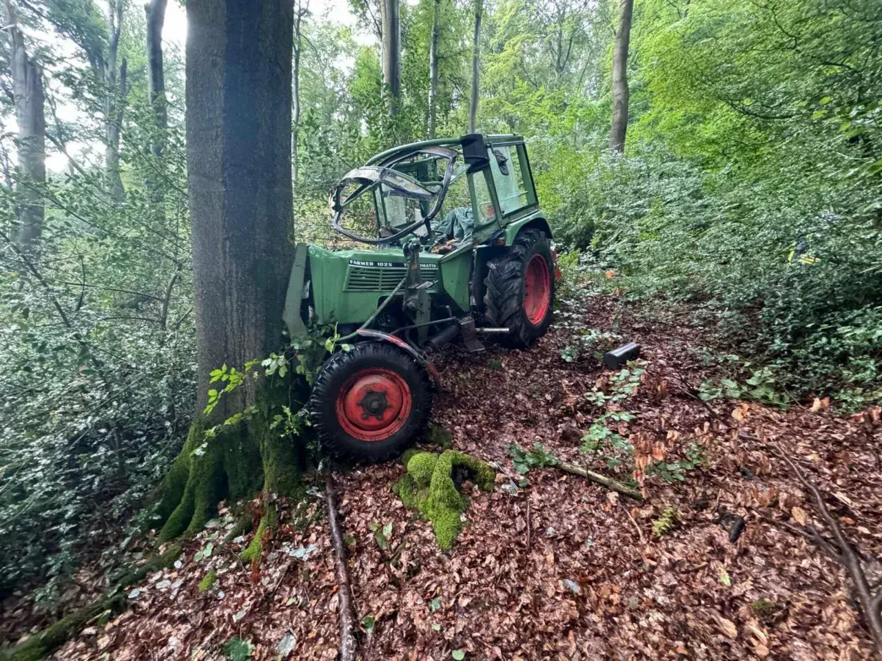 Ein grüner Traktor, der wie eine Bandsäge aussieht, steht im Wald.