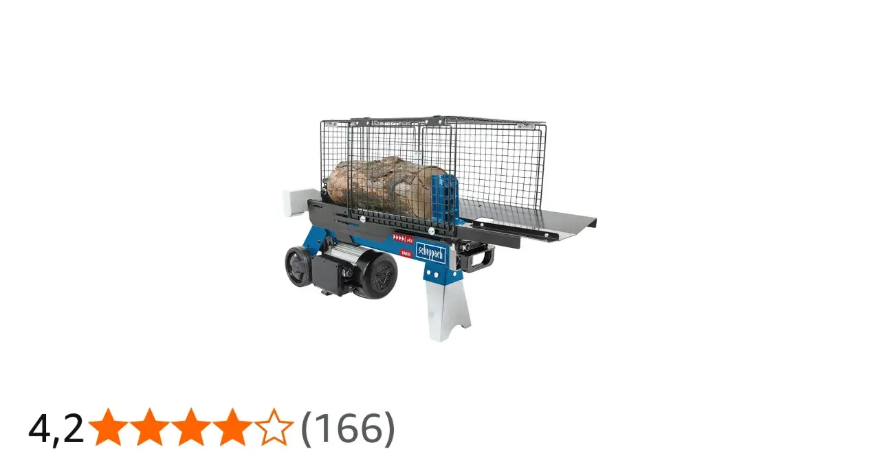 Blauer Scheppach holzspalter 4t mit einem Holzstamm, bereit zum Spalten.