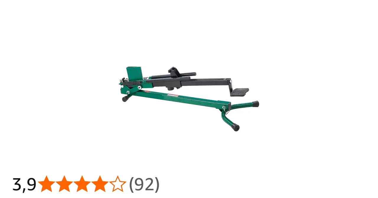 Grüner mechanischer Holzspalter mit schwarzem Hebel und Fußpedal, bereit, Holz zu spalten.