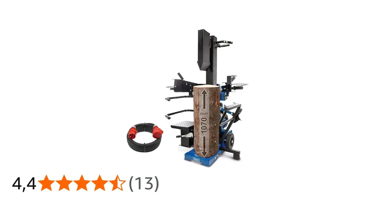 Leistungsstarker holzspalter 15 tonnen mit einem Holzstamm, der für die Spaltung bereit ist. Kabel und Stecker liegen daneben.
