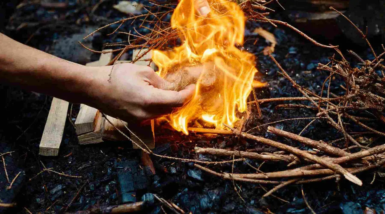 Hand zündet mit einem Feuerzeug ein Bündel Zunder an, um Wurzelholz zu verbrennen. Flammen lodern hell.