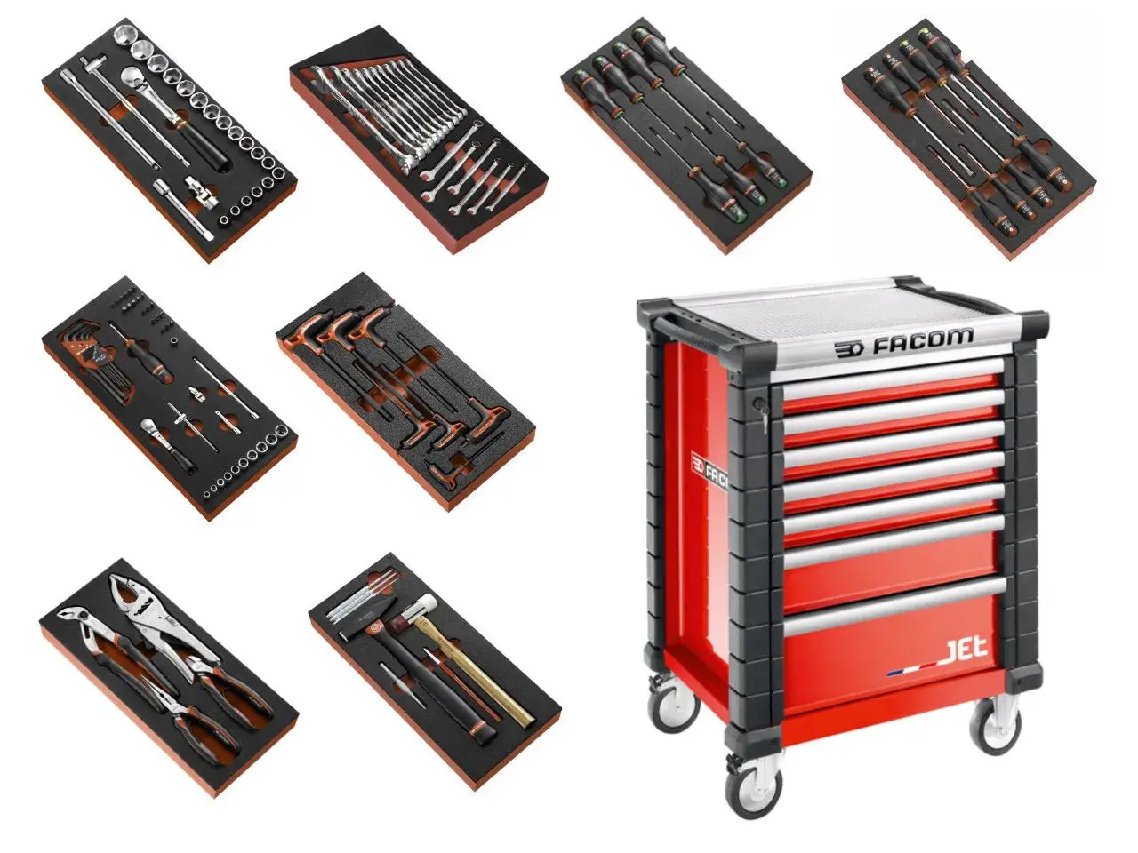 Werkzeugkasten mit Schubladen und verschiedenen Werkzeugen, darunter Schraubenschlüssel, Zangen und Hämmer. Ideal für Werkstätten und für alle, die mit **jet maschinen** arbeiten.