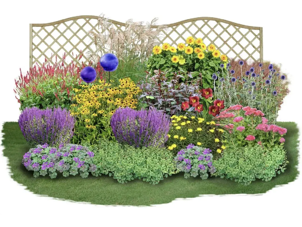 Bunte Blumenpracht mit lila Salbei, gelben Sonnenblumen und roten Taglilien. Tolle Beet-Ideen für einen blühenden Garten.