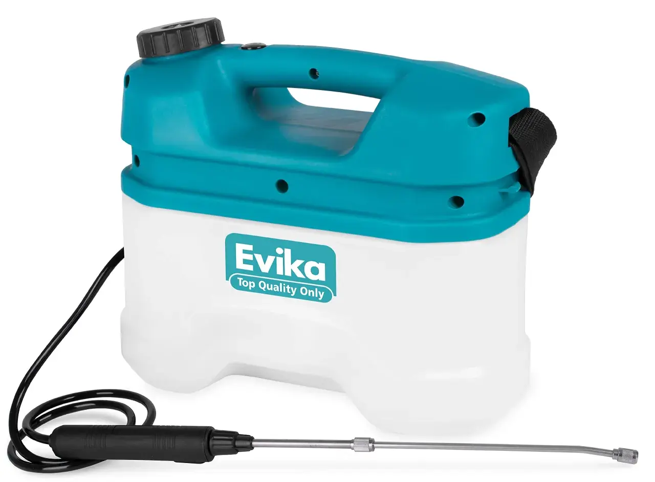Ein weißer und türkiser Rückensprühgerät mit dem Logo "Evika" und einem Sprüharm.