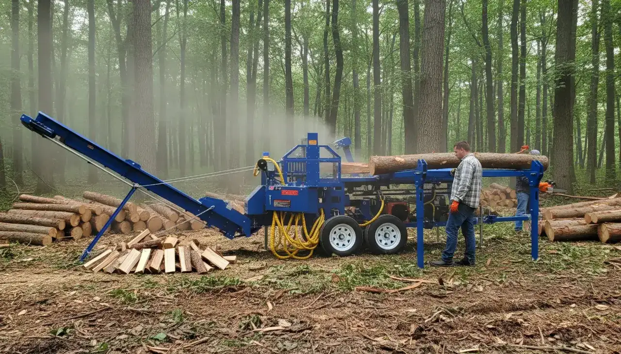 Holzspalter mit z-förderband im Wald. Männer bereiten Holz vor.
