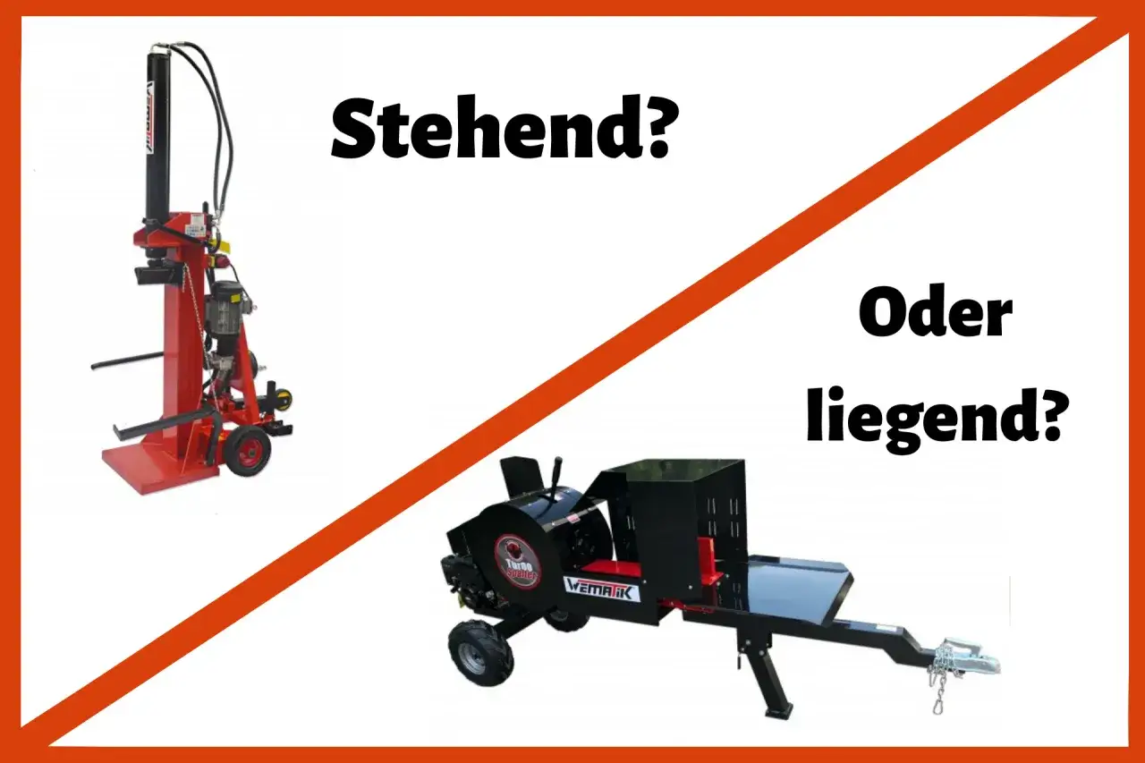 Ein roter, stehender und ein schwarzer, liegender holzspalter elektrisch werden gegenübergestellt.