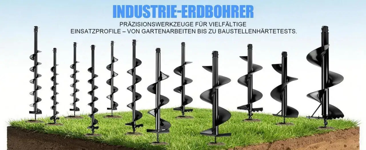Reihe schwarzer Erdbohrer im Garten, bereit für präzise Gartenarbeiten oder härtere Tests.