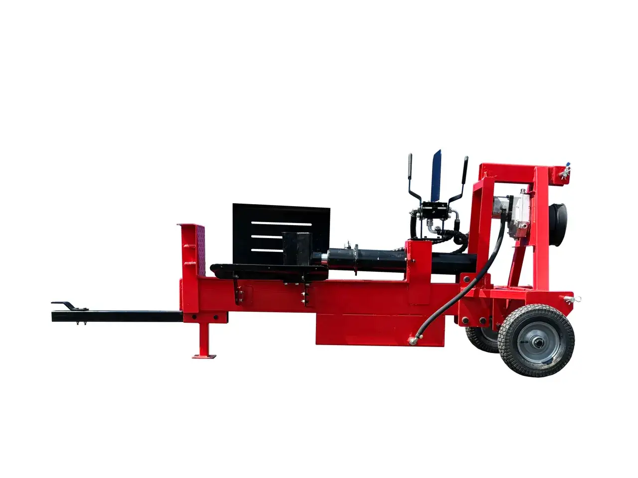 Roter bgu holzspalter mit Rädern und Hydrauliksystem, bereit, Holz zu spalten.