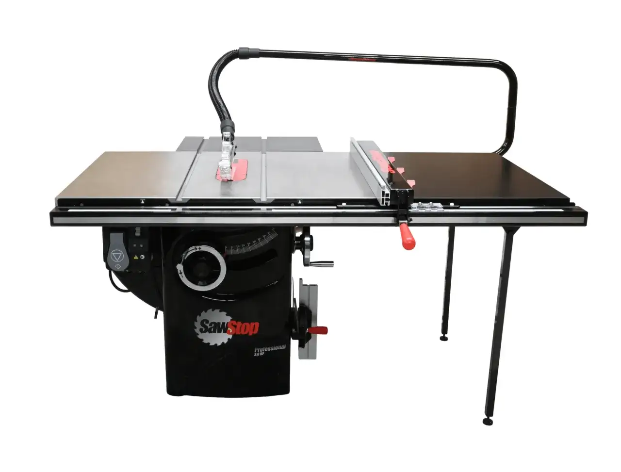 Schwarze SawStop Professional 3.0 HP Standsäge Holz mit Schutzhaube und Absaugarm.