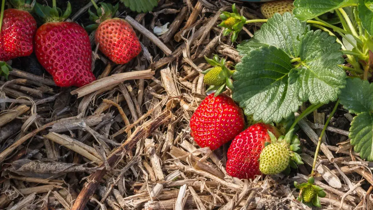Reife und unreife Erdbeeren liegen auf Mulch aus Holzspänen. Die Früchte sind rot und grün, umgeben von grünen Blättern.