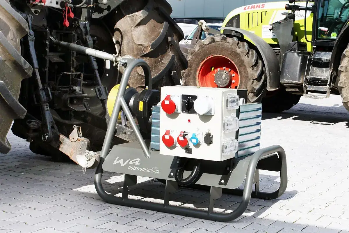 Ein Elektroaggregat Zapfwelle steht bereit, um mit einem Traktor Strom zu erzeugen.
