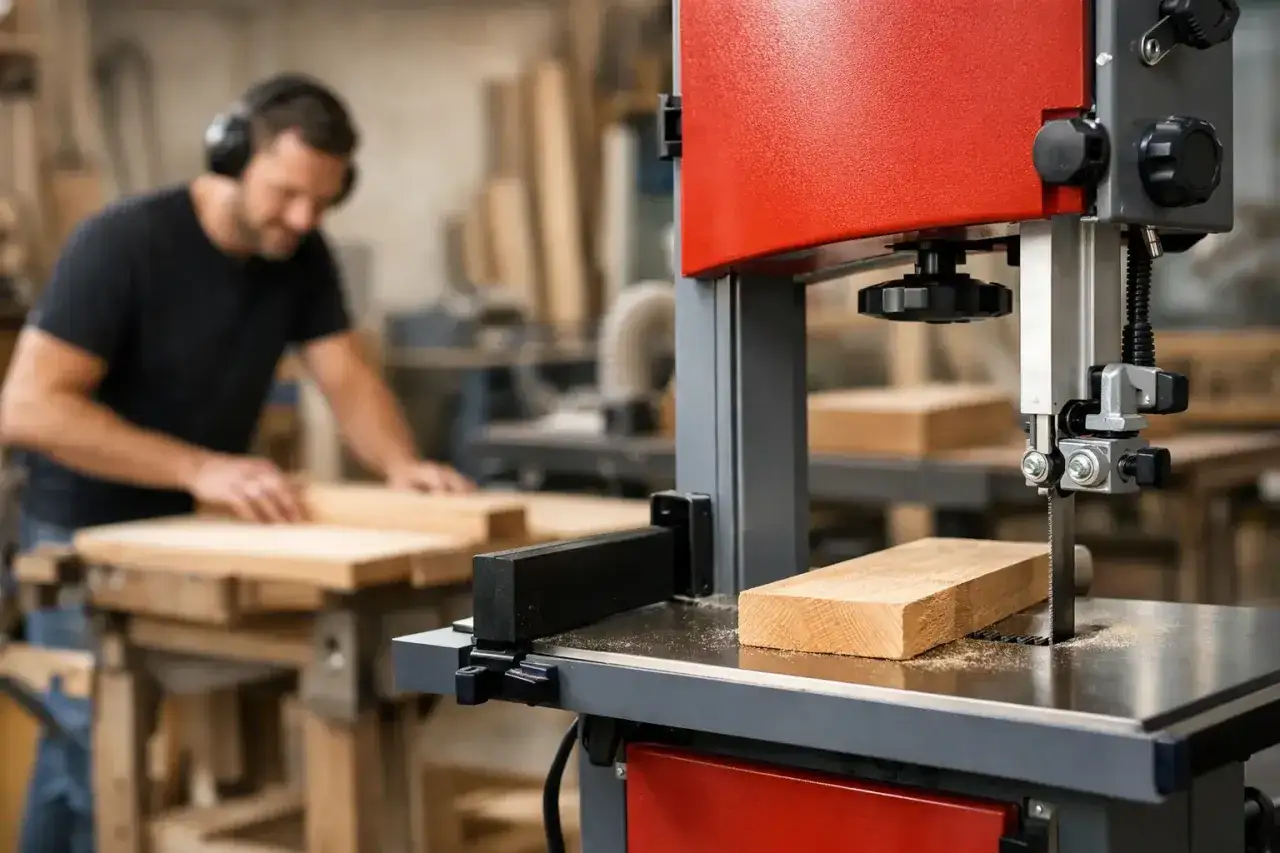 Mann mit Kopfhörern bearbeitet Holz an einer Bandsäge. Das Gerät ist bereit, Holz für Brennholz zu schneiden.