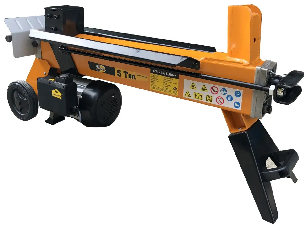 Ein orangefarbener, mobiler Holzspalter mit Rädern und einem Elektromotor. Er ist bereit, Holz für den Kamin zu spalten.