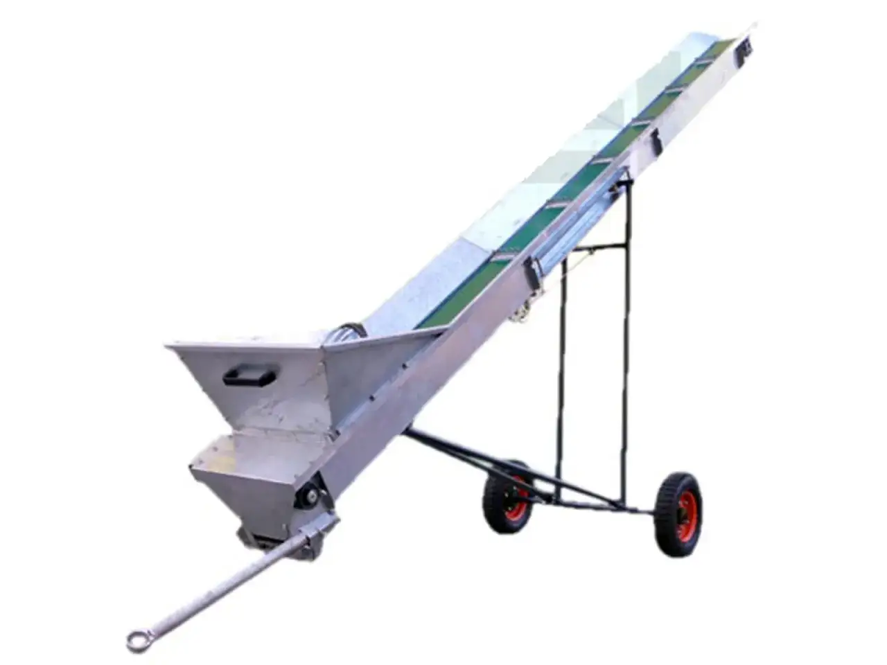 Ein mobiler, hydraulisch verstellbarer Förderband mit Trichter und Rädern, ideal für den Materialtransport.