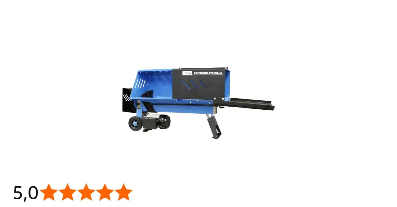 Blauer Holzspalter güde ghs 370/4te mit Rädern und Stützfuß, bereit für den Einsatz.