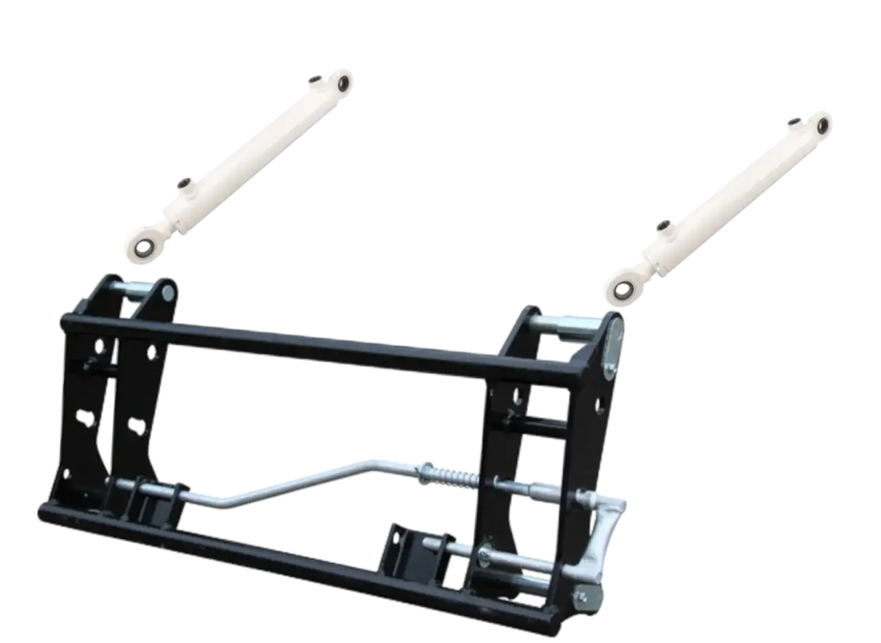 Schwarzer Schnellwechselrahmen für Frontlader mit zwei weißen Hydraulikzylindern, bereit für den Einsatz.