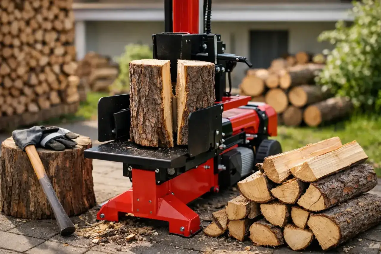 Roter tischholzspalter teilt Holzscheite. Daneben liegen Holz und eine Axt mit Handschuhen.