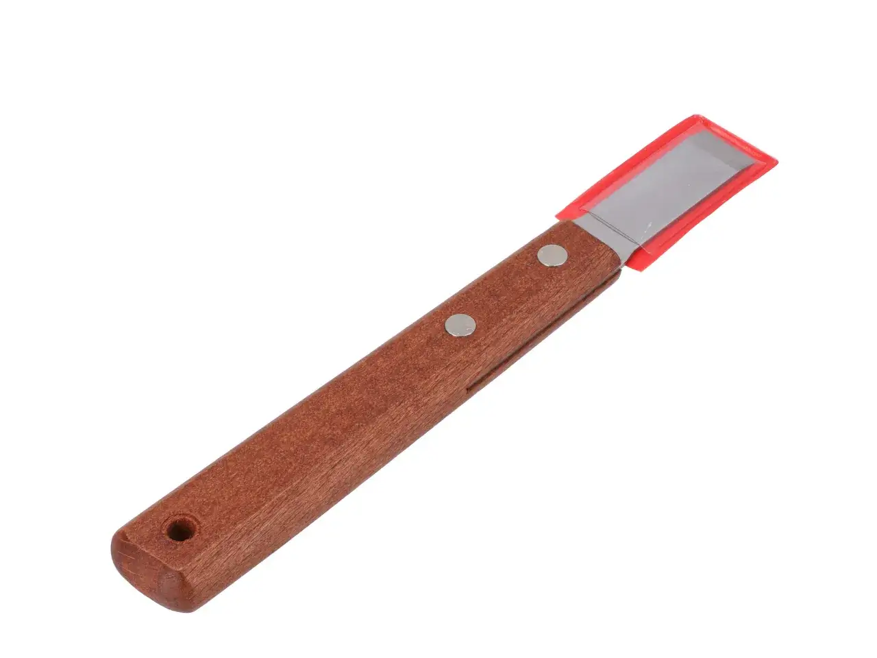 Ein Dichtungsschaber mit Holzgriff und roter Schutzhülle für die Klinge.
