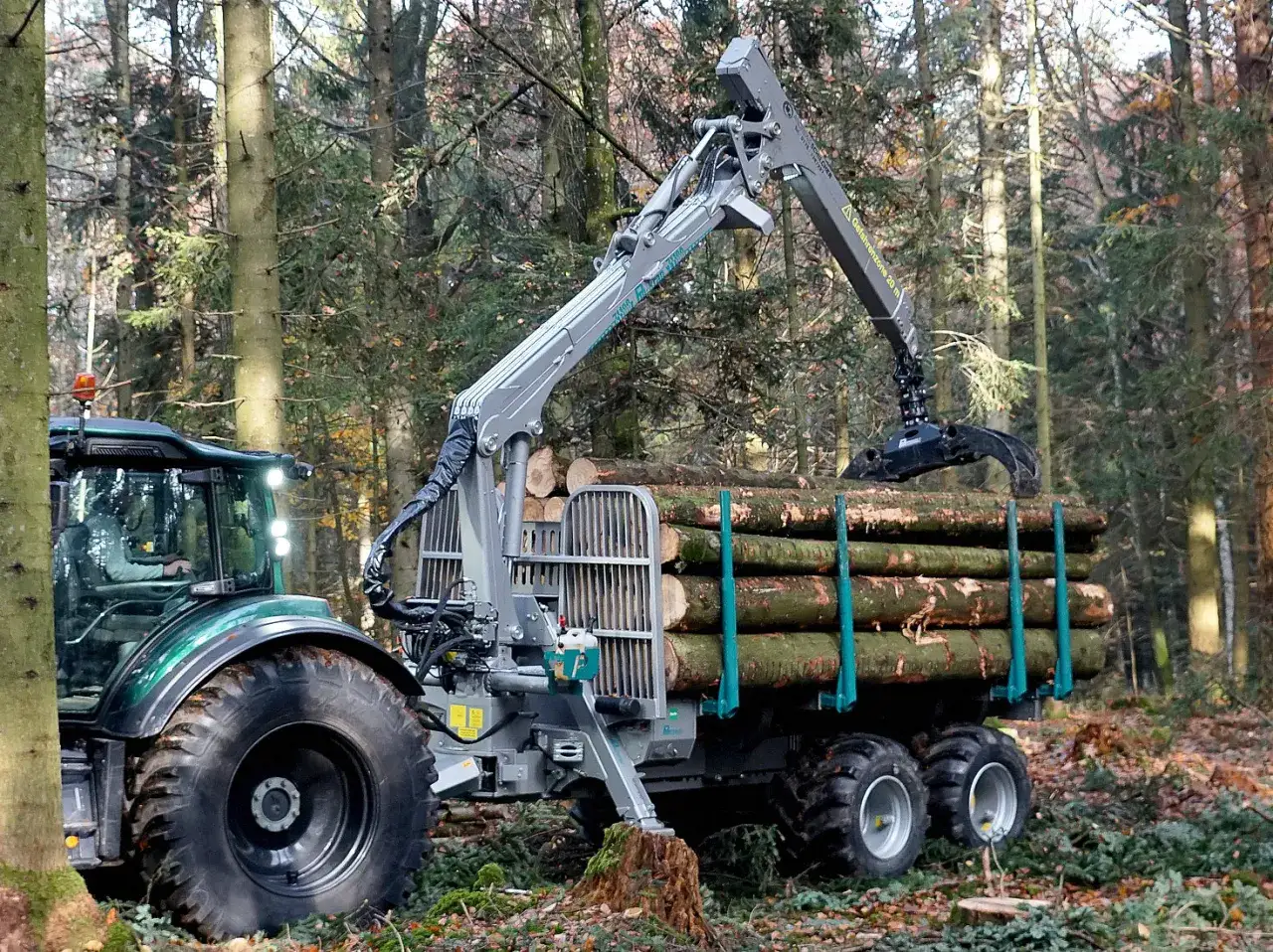Ein grüner Traktor mit Anhänger und Ladekran belädt Holzstämme im Wald.
