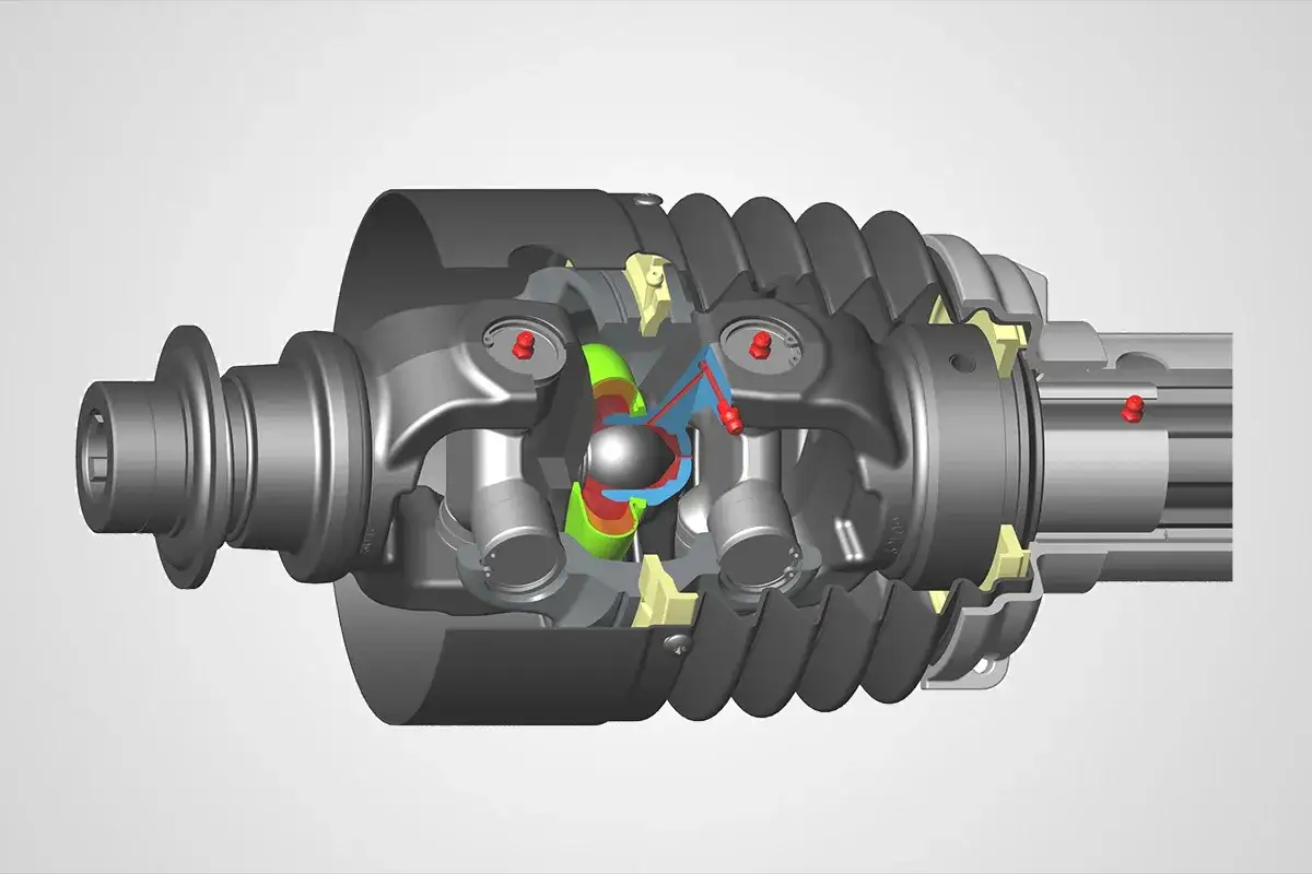 Schnittdarstellung einer weitwinkel gelenkwelle mit Kugelgelenk und Differential.