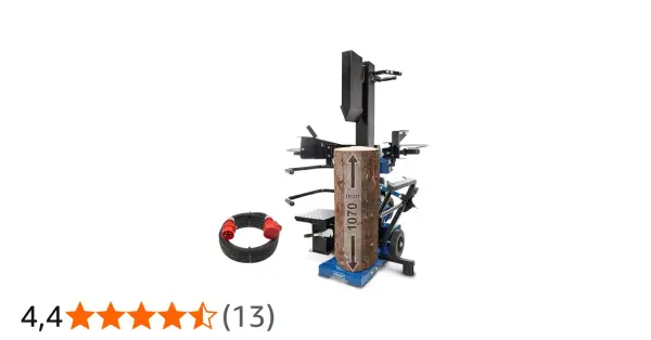 Leistungsstarker holzspalter 15 tonnen mit einem Holzstamm, der für die Spaltung bereit ist. Kabel und Stecker liegen daneben.